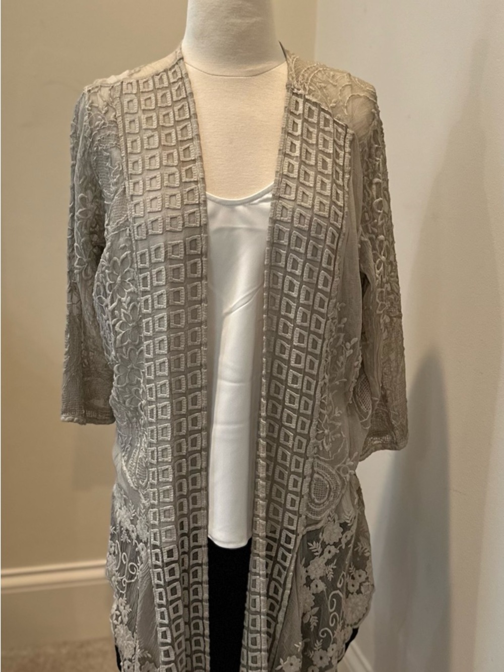 Sheer Boho Embroidered Silk Open-Front Festival Cardigan - Silk Crystal Gray